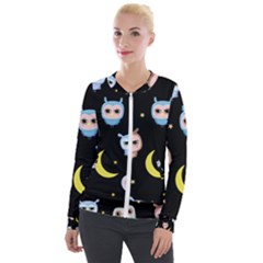 Cute Owl Doodles With Moon Star Seamless Pattern Velour Zip Up Jacket by Vaneshart