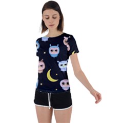 Cute Owl Doodles With Moon Star Seamless Pattern Back Circle Cutout Sports Tee