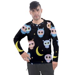 Cute Owl Doodles With Moon Star Seamless Pattern Men s Pique Long Sleeve Tee