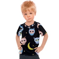 Cute Owl Doodles With Moon Star Seamless Pattern Kids  Sports Tee