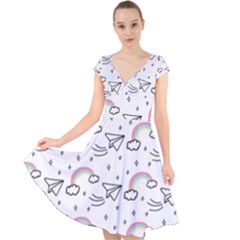 Cute Art Print Pattern Cap Sleeve Front Wrap Midi Dress by Vaneshart