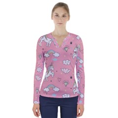 Cute Unicorn Seamless Pattern V-neck Long Sleeve Top by Vaneshart