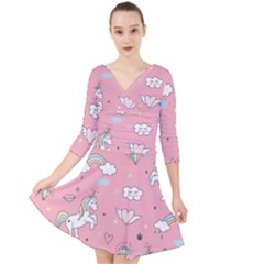 Cute Unicorn Seamless Pattern Quarter Sleeve Front Wrap Dress by Vaneshart