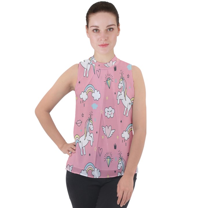 Cute Unicorn Seamless Pattern Mock Neck Chiffon Sleeveless Top