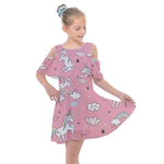 Cute Unicorn Seamless Pattern Kids  Shoulder Cutout Chiffon Dress by Vaneshart