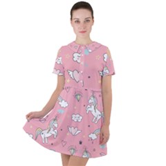 Cute Unicorn Seamless Pattern Short Sleeve Shoulder Cut Out Dress  by Vaneshart