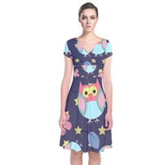 Owl Stars Pattern Background Short Sleeve Front Wrap Dress by Vaneshart