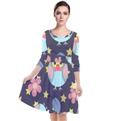 Owl Stars Pattern Background Quarter Sleeve Waist Band Dress by Vaneshart