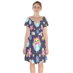 Owl Stars Pattern Background Short Sleeve Bardot Dress by Vaneshart