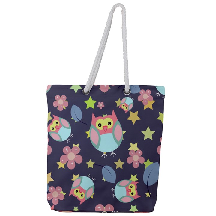 Owl Stars Pattern Background Full Print Rope Handle Tote (Large)