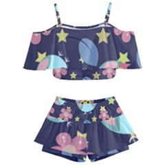 Owl Stars Pattern Background Kids  Off Shoulder Skirt Bikini by Vaneshart