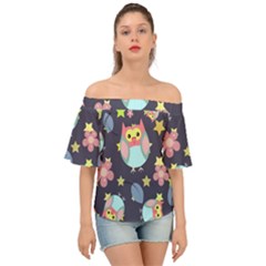 Owl Stars Pattern Background Off Shoulder Short Sleeve Top by Vaneshart