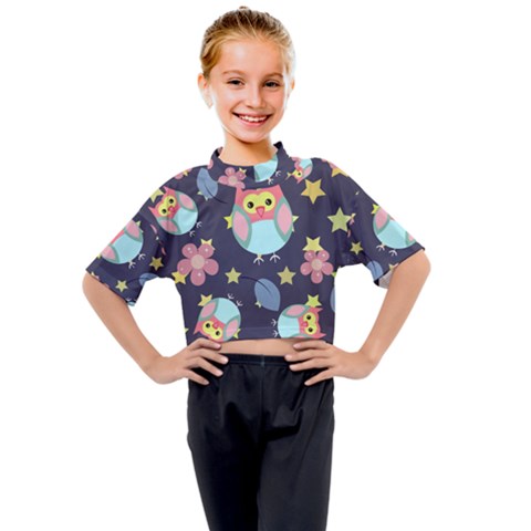 Owl Stars Pattern Background Kids Mock Neck Tee by Vaneshart