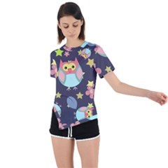 Owl Stars Pattern Background Asymmetrical Short Sleeve Sports Tee