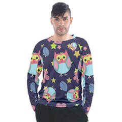 Owl Stars Pattern Background Men s Long Sleeve Raglan Tee