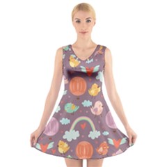 Cute Seamless Pattern With Doodle Birds Balloons V-neck Sleeveless Dress by Vaneshart