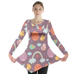 Cute Seamless Pattern With Doodle Birds Balloons Long Sleeve Tunic  by Vaneshart