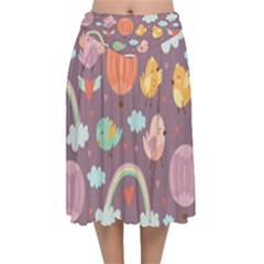 Cute Seamless Pattern With Doodle Birds Balloons Velvet Flared Midi Skirt by Vaneshart