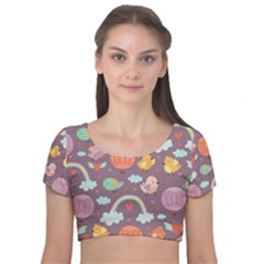 Cute Seamless Pattern With Doodle Birds Balloons Velvet Short Sleeve Crop Top  by Vaneshart