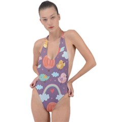 Cute Seamless Pattern With Doodle Birds Balloons Backless Halter One Piece Swimsuit by Vaneshart