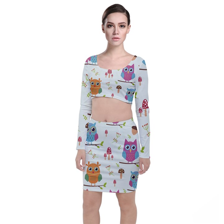 Forest Seamless Pattern With Cute Owls Top and Skirt Sets