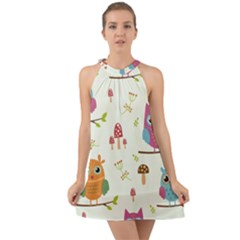 Forest Seamless Pattern With Cute Owls Halter Tie Back Chiffon Dress by Vaneshart