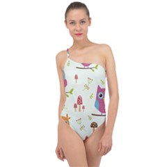 Forest Seamless Pattern With Cute Owls Classic One Shoulder Swimsuit by Vaneshart