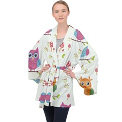 Forest Seamless Pattern With Cute Owls Long Sleeve Velvet Kimono  by Vaneshart