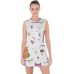 Forest Seamless Pattern With Cute Owls Lace Up Front Bodycon Dress