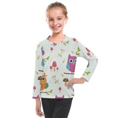 Forest Seamless Pattern With Cute Owls Kids  Long Mesh Tee