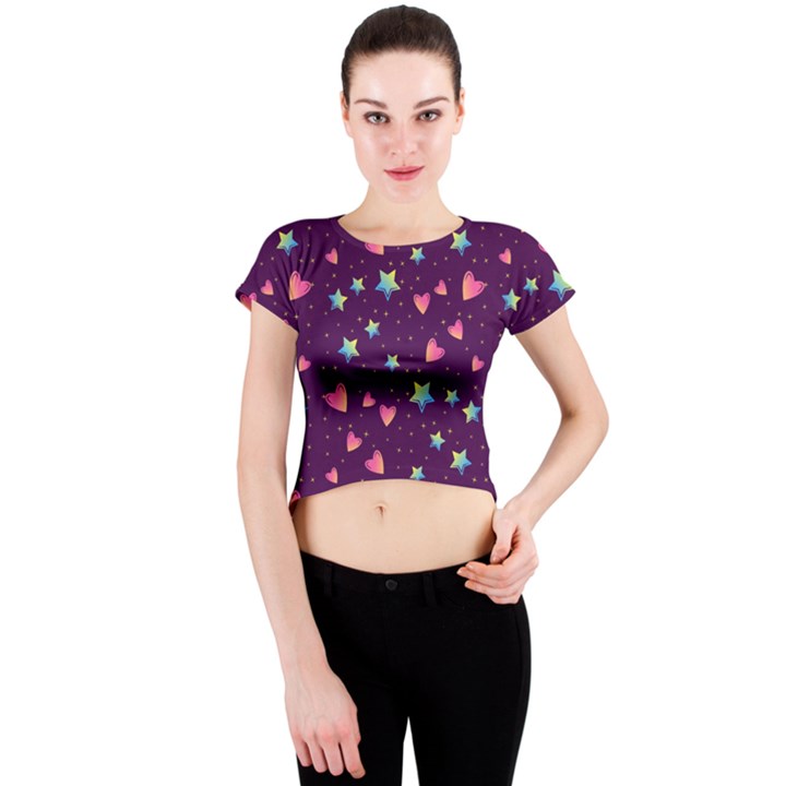 Colorful Stars Hearts Seamless Vector Pattern Crew Neck Crop Top