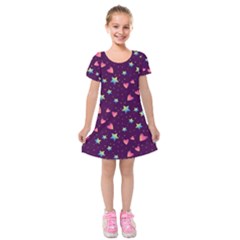 Colorful Stars Hearts Seamless Vector Pattern Kids  Short Sleeve Velvet Dress