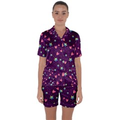 Colorful Stars Hearts Seamless Vector Pattern Satin Short Sleeve Pyjamas Set