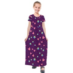 Colorful Stars Hearts Seamless Vector Pattern Kids  Short Sleeve Maxi Dress by Vaneshart