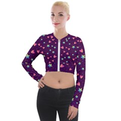 Colorful Stars Hearts Seamless Vector Pattern Long Sleeve Cropped Velvet Jacket by Vaneshart