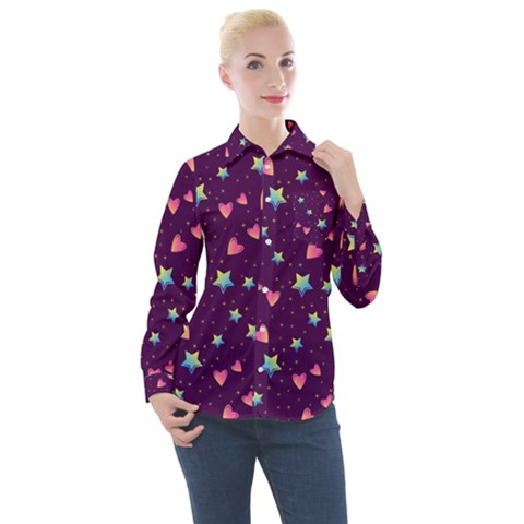 Colorful Stars Hearts Seamless Vector Pattern Women s Long Sleeve Pocket Shirt by Vaneshart