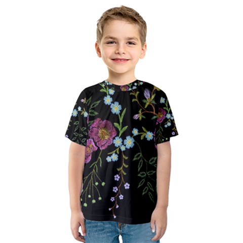 Embroidery Trend Floral Pattern Small Branches Herb Rose Kids  Sport Mesh Tee by Vaneshart