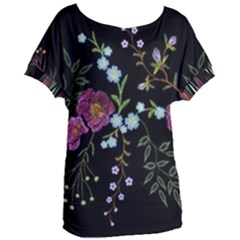 Embroidery Trend Floral Pattern Small Branches Herb Rose Women s Oversized Tee by Vaneshart