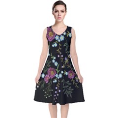 Embroidery Trend Floral Pattern Small Branches Herb Rose V-neck Midi Sleeveless Dress  by Vaneshart