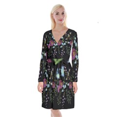 Embroidery Trend Floral Pattern Small Branches Herb Rose Long Sleeve Velvet Front Wrap Dress by Vaneshart