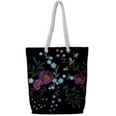 Embroidery Trend Floral Pattern Small Branches Herb Rose Full Print Rope Handle Tote (small) by Vaneshart