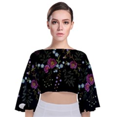 Embroidery Trend Floral Pattern Small Branches Herb Rose Tie Back Butterfly Sleeve Chiffon Top by Vaneshart