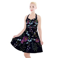 Embroidery Trend Floral Pattern Small Branches Herb Rose Halter Party Swing Dress  by Vaneshart