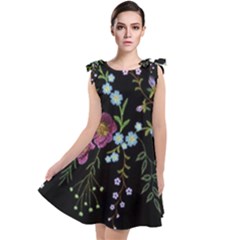 Embroidery Trend Floral Pattern Small Branches Herb Rose Tie Up Tunic Dress by Vaneshart