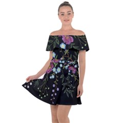 Embroidery Trend Floral Pattern Small Branches Herb Rose Off Shoulder Velour Dress by Vaneshart