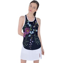 Embroidery Trend Floral Pattern Small Branches Herb Rose Racer Back Mesh Tank Top