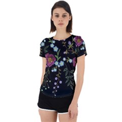 Embroidery Trend Floral Pattern Small Branches Herb Rose Back Cut Out Sport Tee