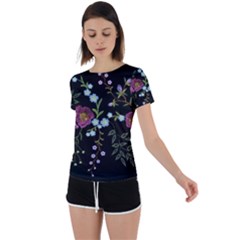 Embroidery Trend Floral Pattern Small Branches Herb Rose Back Circle Cutout Sports Tee