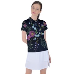 Embroidery Trend Floral Pattern Small Branches Herb Rose Women s Polo Tee