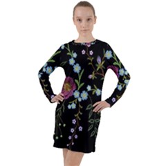 Embroidery Trend Floral Pattern Small Branches Herb Rose Long Sleeve Hoodie Dress